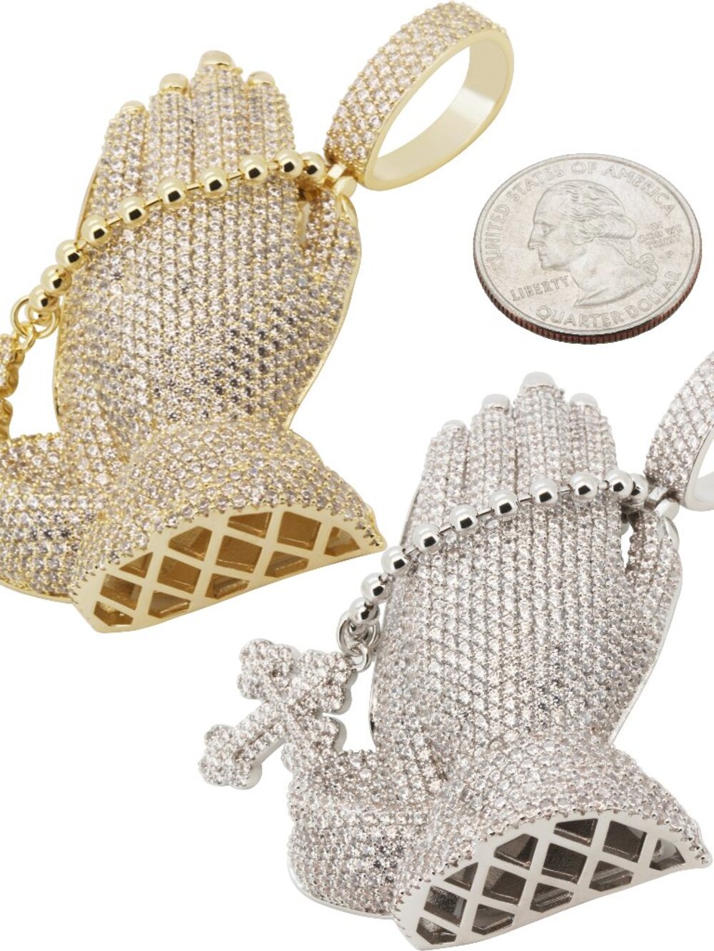 14k Yellow/White Gold PlatedAAACubicZirconia Praying Folded Hands Rosary Pendant